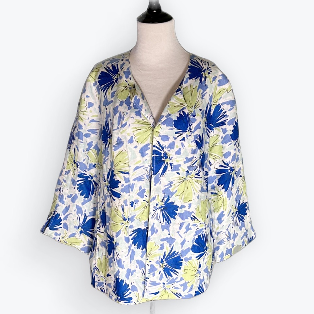 Euro Summer Breezy Coastal 100% Linen Blue & Green Floral Lightweight Jacket ~1X